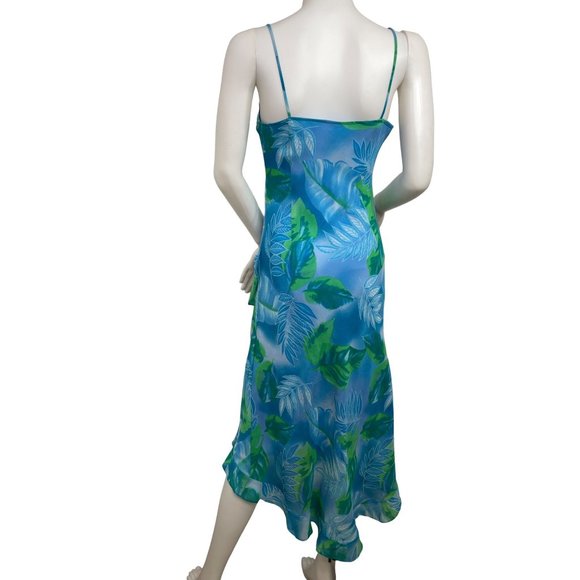 Women’s MIDI Dress 8 Spaghetti Straps High Low Ruffled Hem Blue Green Palm Trees - Picture 4 of 14